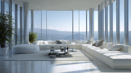 Minimalist interior with floor to ceiling windows