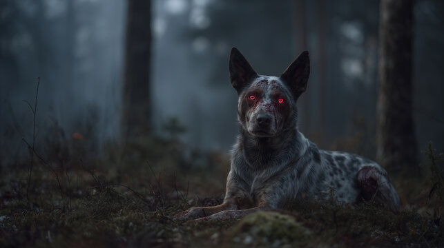 Zombie dog with glowing red eyes in haunted forest. halloween zombie, dog, pet, spooky, eerie, scary, creepy, horror, undead, october, festive, skull, haunted, dark, animal horror