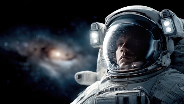 Astronaut in space suit, gazing into the cosmos.  A pensive figure in a space suit, focused on a distant nebula
