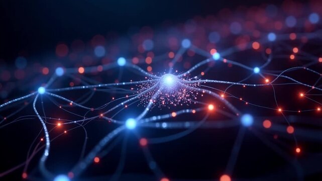 AI generative Dynamic neural network pulses with electric blue and vibrant orange energy flow