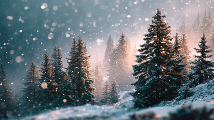 Snow covered pine trees in serene winter forest with soft sunlight filtering through, creating magical atmosphere