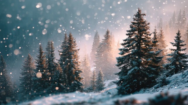 Snow covered pine trees in serene winter forest with soft sunlight filtering through, creating magical atmosphere - Powered by Adobe