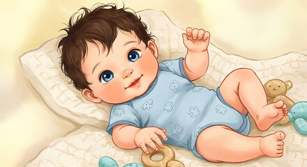 Adorable baby boy with bright blue eyes and brown hair, wearing a blue onesie, playing with toys.