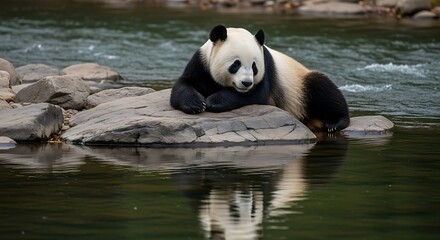 Fototapeta premium Giant panda resting on a rock in a river, with its reflection visible in the water.