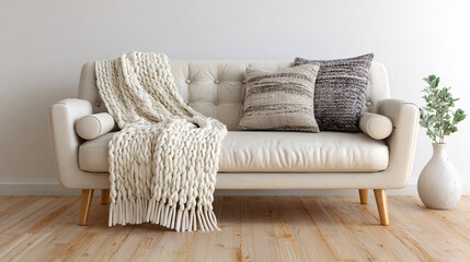 Minimalist sofa with throw blanket and pillow
