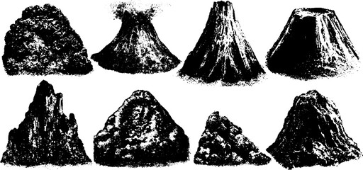 Obraz premium Grunge black and white volcanic mountain illustration set for design