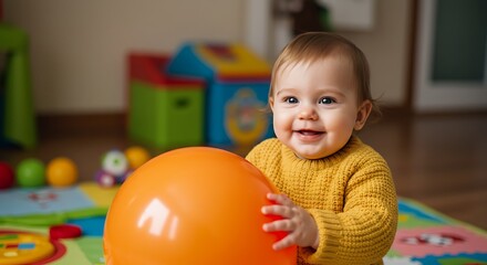 Adorable Baby Smiling Holding Orange Balloon in Playroom