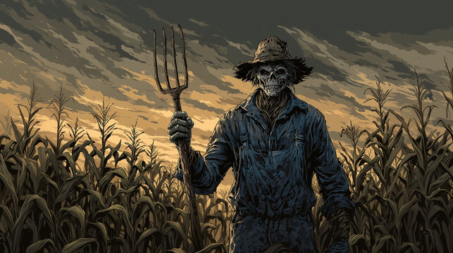 Zombie farmer with pitchfork standing in haunted cornfield. halloween zombie, farmer, cornfield, spooky, eerie, scary, creepy, undead, october, festive, horror, skull, haunted, rur