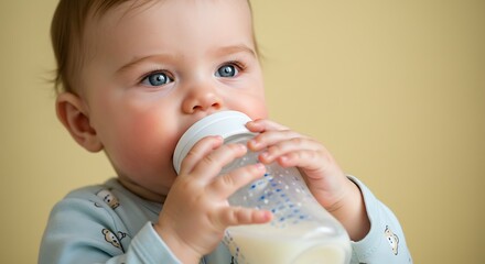 Adorable baby with blue eyes drinking milk from a bottle, close-up