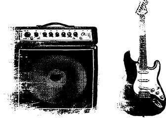Black and white grunge stencil illustration of guitar and amplifier for music design
