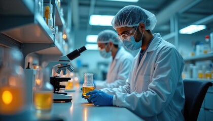Two scientists in lab coats, hairnets, and masks analyze chemicals in flasks. They discuss findings next to a microscope in a modern laboratory setting, focusing on medical research and biotechnology.
