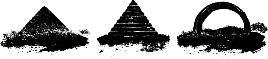 Black and white stencil of geometric pyramids and arch collection