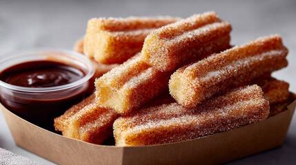 Delicious churros served with chocolate dipping sauce in a casual setting