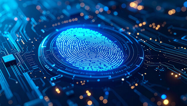 Digital Fingerprint Authentication: An illuminated fingerprint takes center stage on a technological circuit board, symbolizing data security and secure access in a macro close-up shot. - Powered by Adobe