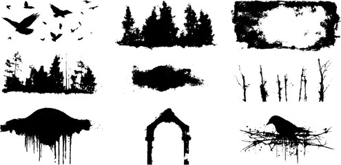Grungy black and white stencil collection featuring bats, trees, and birds for urban design
