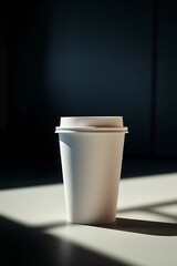 Paper coffee cup on a modern minimalist background, illuminated by soft natural light.