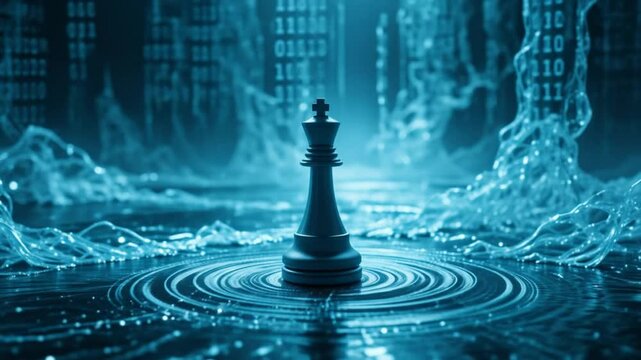 A chess king stands alone amidst a stream of flowing binary code. 4k video