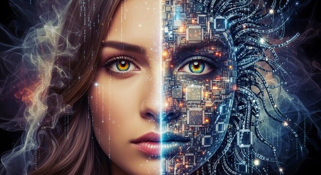 Concept of artificial intelligence showing half human face and half robotic machine, symbolizing future technology and AI integration.