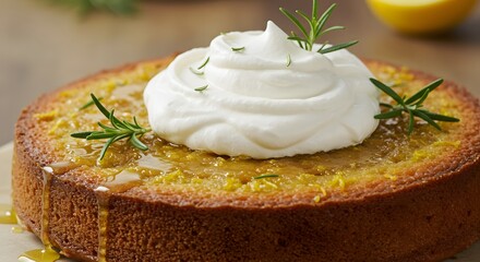Golden Cake Topped with Cream and Rosemary on Wooden Board