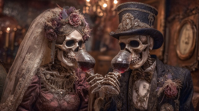Bride and groom skeletons drinking from goblets in haunted tavern. keywords: halloween wedding, skeleton bride, skeleton groom, goblets, tavern, spooky, eerie, october, festive, sc