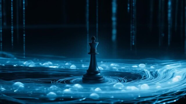 A chess king stands alone amidst a stream of flowing binary code. 4k video