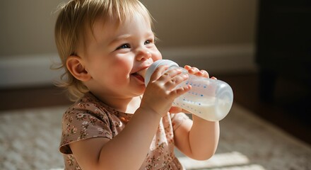Adorable blonde baby girl happily drinking milk from a bottle