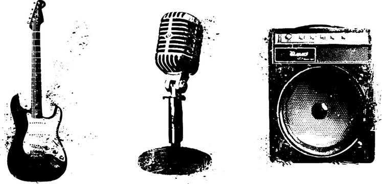 Vintage music equipment stencil set featuring electric guitar, microphone, and amplifier