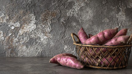 Concrete backsplash kitchen styling with sweet potatoes in mesh wire basket