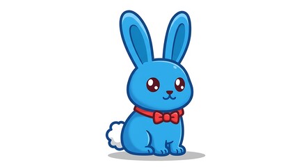 Adorable blue cartoon bunny rabbit wearing a red bow tie
