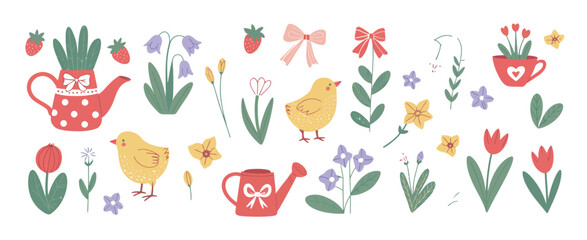 Hand drawn lovely flowers, bows, floral decor, blossom garden, watering can, leaves and herb, bird and butterfly. Collection spring stickers. Vector flat illustration