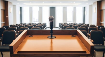 A microphone on a wooden podium in a large conference room with rows of empty chairs.