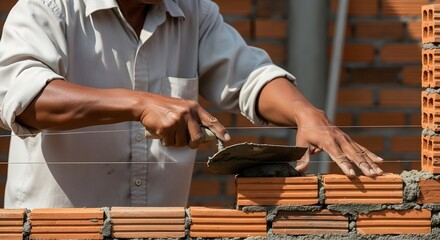 construction worker laying bricks to build wall