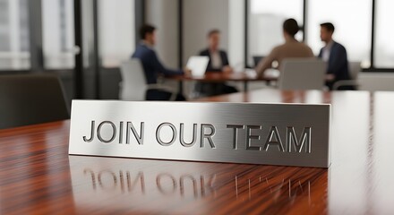 Close-up of a sign that says 'Join Our Team' on a wooden table in an office setting.