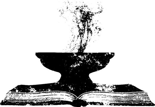 Black and white stencil of open book with incense smoke for artistic design