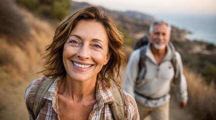 happy Couple hiking a mountain trail