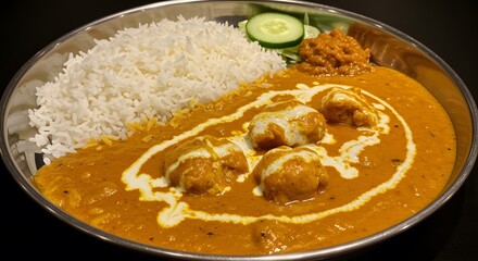 Golden Curry Dish with Rice and Fresh Cucumber Slice on Plate