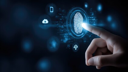 A hand interacts with a digital fingerprint interface, overlaid with various technology icons