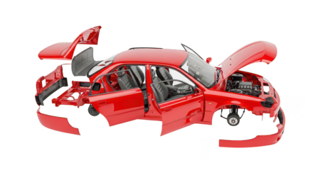 Exploded View Red Sedan Car Parts