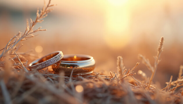 Two wedding rings rest on dry grass. One ring adorned with small diamonds. Warm sunset light creates serene, intimate atmosphere, commitment, everlasting love. Suitable for vow renewals engagement