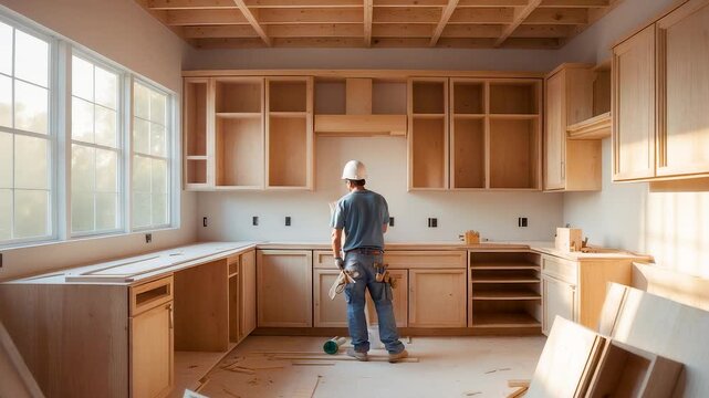 Construction worker wearing helmet installing wooden kitchen cabinets in unfinished home interior under bright sunlight
