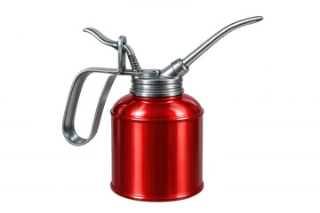 Rusty vintage oil can featuring metal spout, resting against clean background, highlighting classic automotive maintenance tool