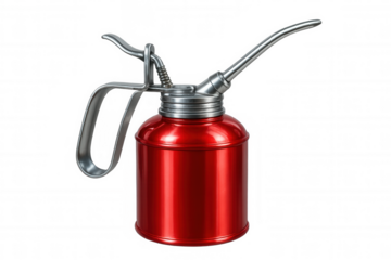 Rusty vintage oil can featuring metal spout, resting against clean background, highlighting classic automotive maintenance tool