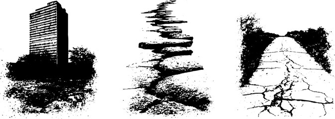 Urban decay stencil art set featuring cracked pavement and buildings for creative design