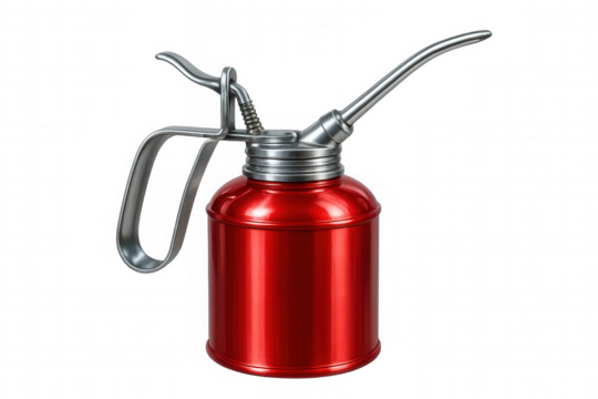 Rusty vintage oil can featuring metal spout, resting against clean background, highlighting classic automotive maintenance tool