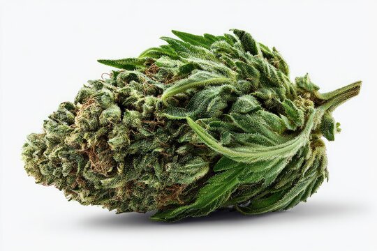 Close-up of a cannabis bud, light green with a slightly darker center,  on white background