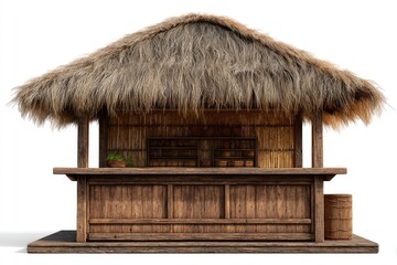 Tropical hut with thatched roof and wooden bar