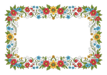 Fototapeta premium Rectangular frame with colorful folkstyle flowers and green leaves isolated on transparent background