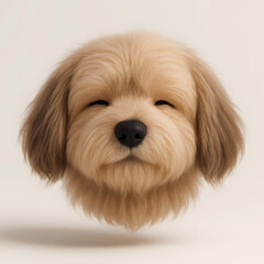 Adorable fluffy dog plush head, realistic 3D render isolated on beige, cute puppy toy face for kids.
