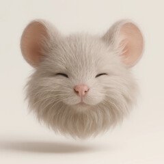 Cute fluffy white mouse plush face, realistic 3D toy render isolated on beige background, adorable animal head.