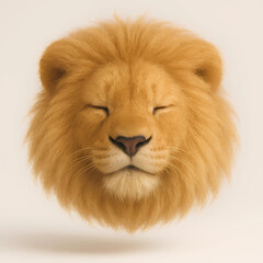 Ultra-realistic 3D plush lion head with soft fur and closed eyes, cute animal face render for toys, design, and adorable digital resources.